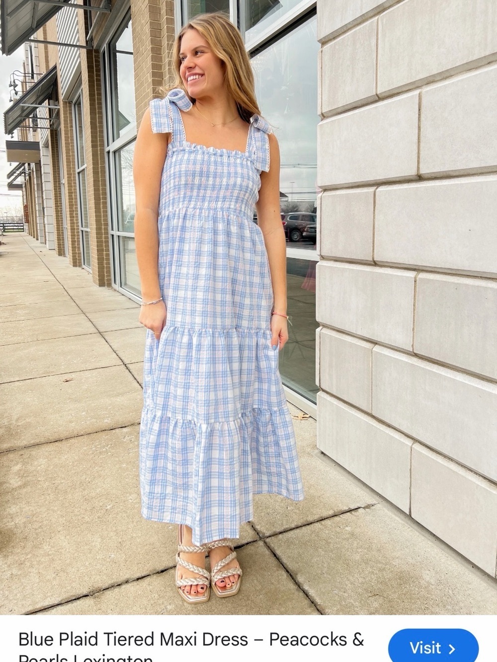 Light Blue Plaid Midi Dress with Tie Shoulder Straps - Picture 2 of 6